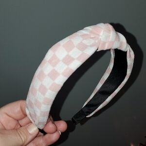 New handmade boutique checkered top knot flexible wide headband pink/white